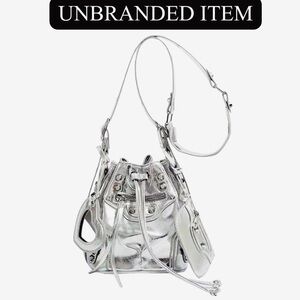 Sliver Rivet PU Leather Bucket Bag w/Shoulder Strap, Pouch, & 🤍Shaped Mirror